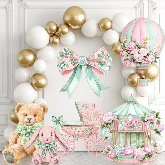 Coquette Girl Baby Shower, Teddy Bear Coquette Baby Party Decoration, Bow Baby Shower,Chinoiserie Hot Air Balloon Prop,Pastel Carousel Decor