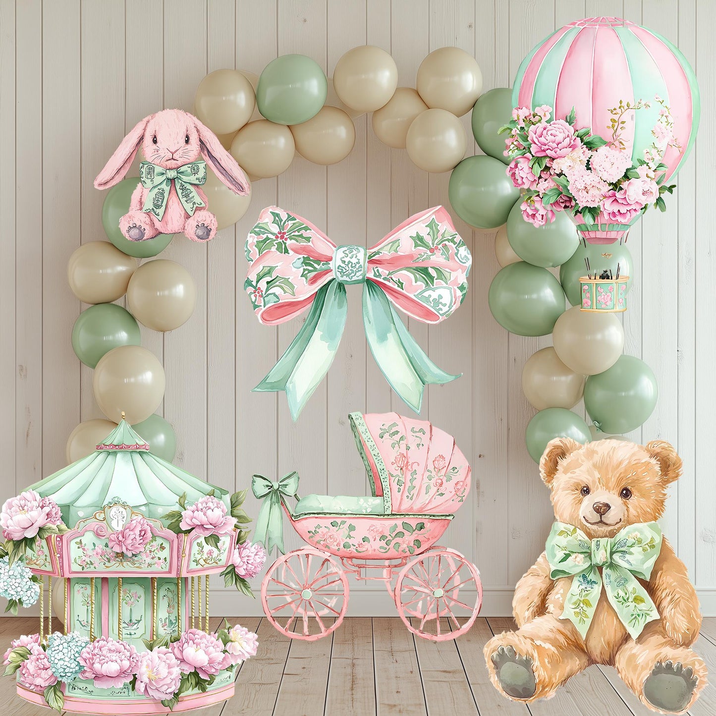 Coquette Girl Baby Shower, Teddy Bear Coquette Baby Party Decoration, Bow Baby Shower,Chinoiserie Hot Air Balloon Prop,Pastel Carousel Decor