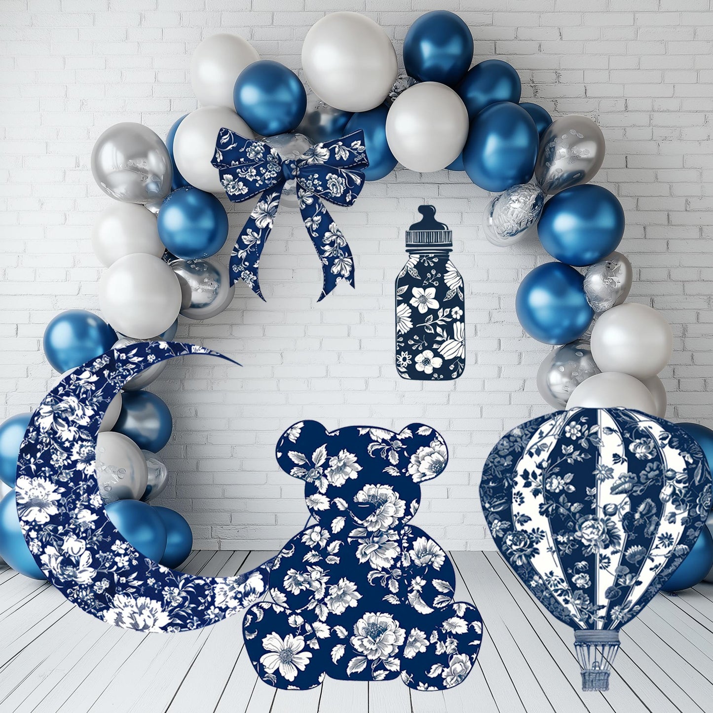 Blue Toile Baby Shower Decorations, Toile de Jouy Party Prop, It's a Boy Party Decor, Bow Baby Shower, Chinoiserie Hot Air Balloon, Cutouts