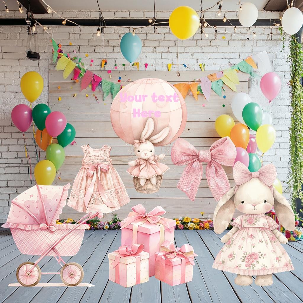 Pink Bunny Baby Shower, Cutout Standee, Personalized Baby Shower Decor, Stand Up Prop, First Birthday Backdrop, Air Balloon, Rabbit,Pink Bow