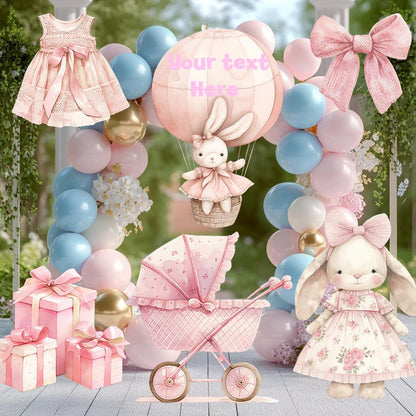 Pink Bunny Baby Shower, Cutout Standee, Personalized Baby Shower Decor, Stand Up Prop, First Birthday Backdrop, Air Balloon, Rabbit,Pink Bow