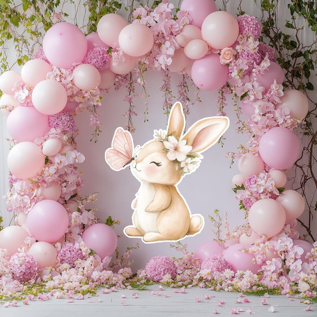 Cute Bunny with Flowers Cutout Decoration, Baby Shower Decor, Backdrop Decor, Yard Sign Art, Pink Bunny Party Props, Peter Rabbit