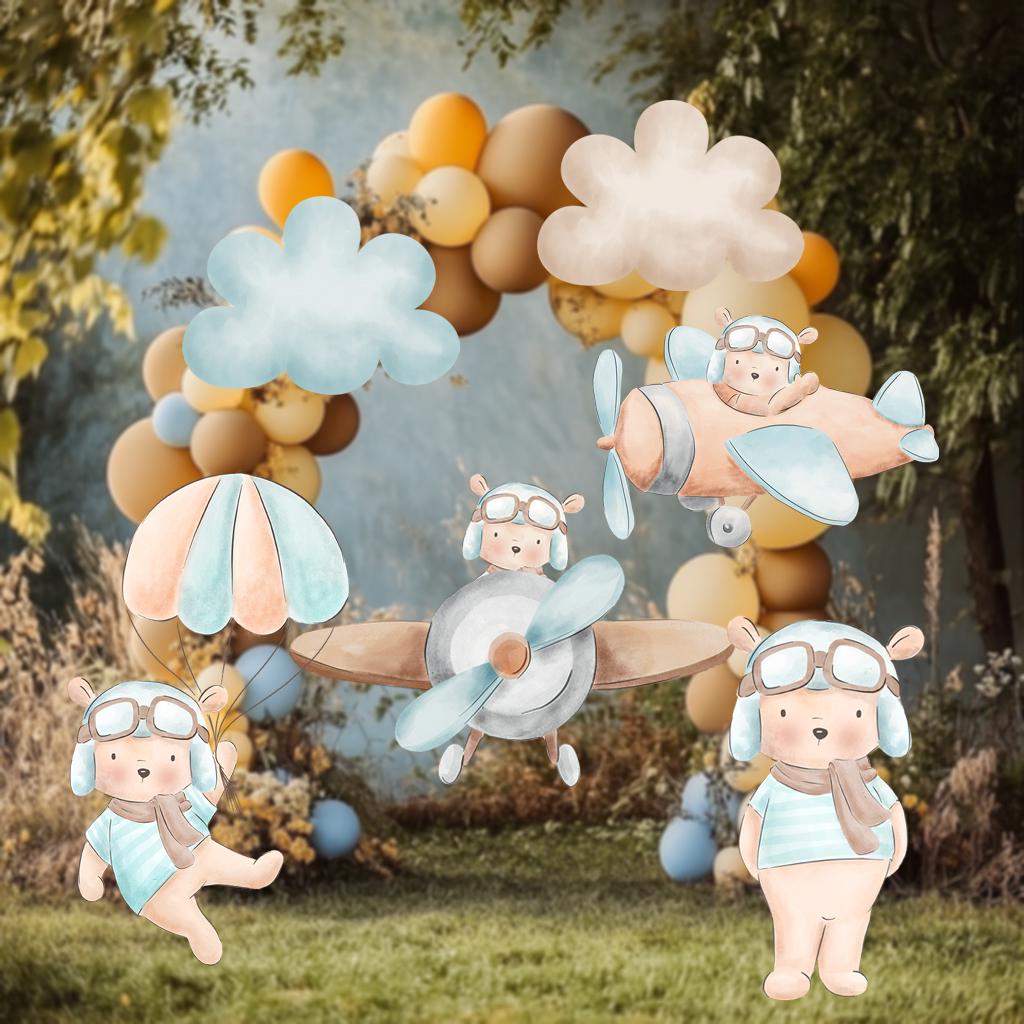 Blue Aviator Bear Party Cutouts, Time Flies Baby Shower Decoration, Parachute, Airplane Decor, Backdrop Centerpieces, Party Props, Lawn Sign