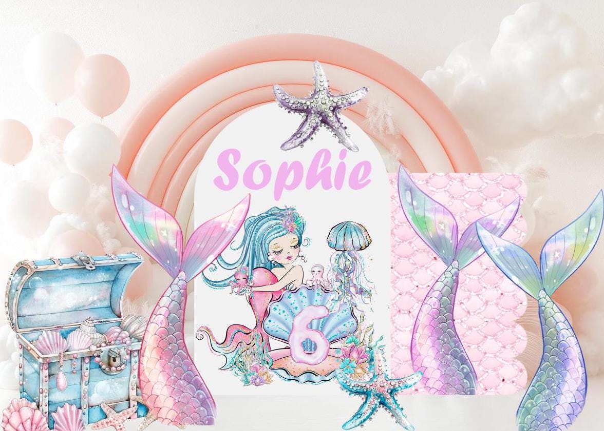 Personalized Mermaid Backdrop, Mermaid Cutouts, Birthday Party Decor, Birthday Props, Under The Sea Party, Arch Backdrop, Mermaid Tails