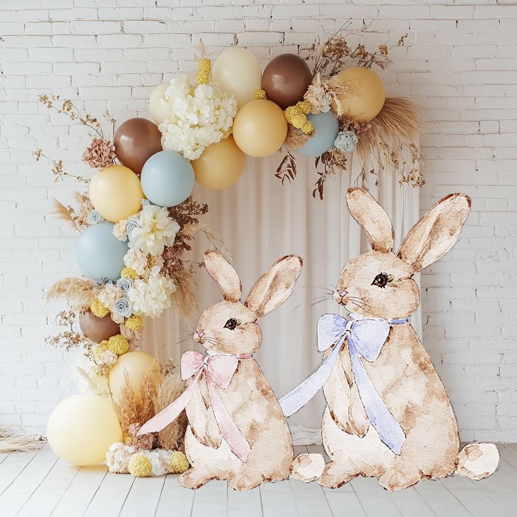 Cute Bunny with Bow Cutout Decoration, Baby Shower Decor, Easter Bunnies, Easter Yard Decor, Pink and Blue Bunny Party Props, Peter Rabbit