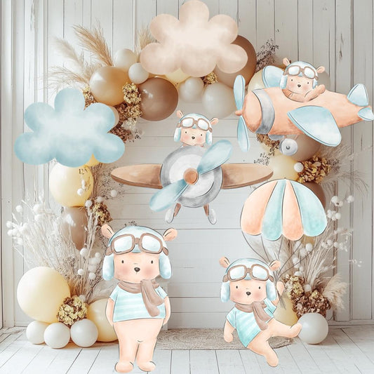 Blue Aviator Bear Party Cutouts, Time Flies Baby Shower Decoration, Parachute, Airplane Decor, Backdrop Centerpieces, Party Props, Lawn Sign