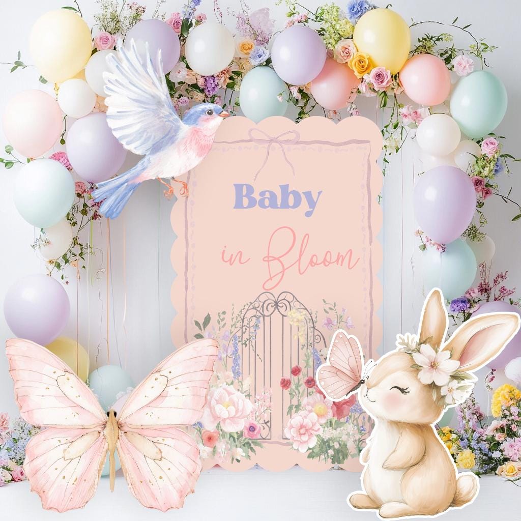 Cute Bunny with Flowers Set Cutouts, Baby in Bloom, Baby Shower Decor, Backdrop Decor, Yard Sign, Pink Bunny, Butterflies, Arch, Rabbit