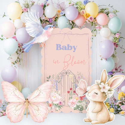 Cute Bunny with Flowers Set Cutouts, Baby in Bloom, Baby Shower Decor, Backdrop Decor, Yard Sign, Pink Bunny, Butterflies, Arch, Rabbit