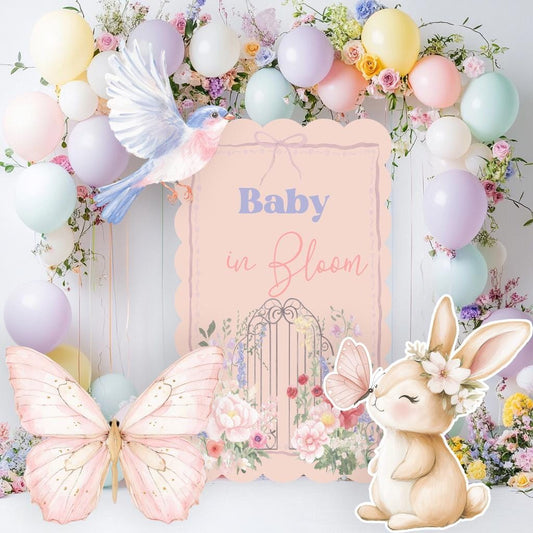 Cute Bunny with Flowers Set Cutouts, Baby in Bloom, Baby Shower Decor, Backdrop Decor, Yard Sign, Pink Bunny, Butterflies, Arch, Rabbit