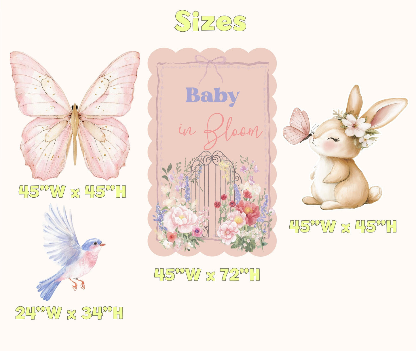 Cute Bunny with Flowers Set Cutouts, Baby in Bloom, Baby Shower Decor, Backdrop Decor, Yard Sign, Pink Bunny, Butterflies, Arch, Rabbit
