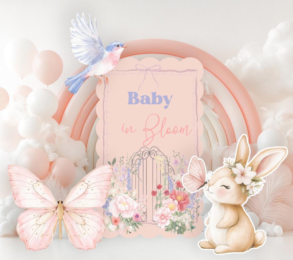 Cute Bunny with Flowers Set Cutouts, Baby in Bloom, Baby Shower Decor, Backdrop Decor, Yard Sign, Pink Bunny, Butterflies, Arch, Rabbit