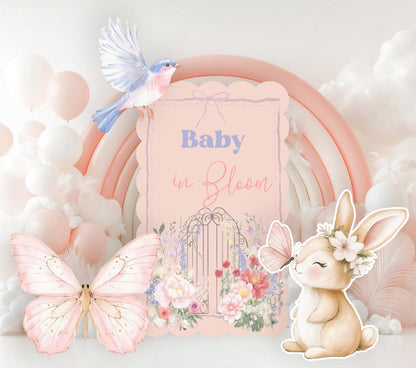 Cute Bunny with Flowers Set Cutouts, Baby in Bloom, Baby Shower Decor, Backdrop Decor, Yard Sign, Pink Bunny, Butterflies, Arch, Rabbit