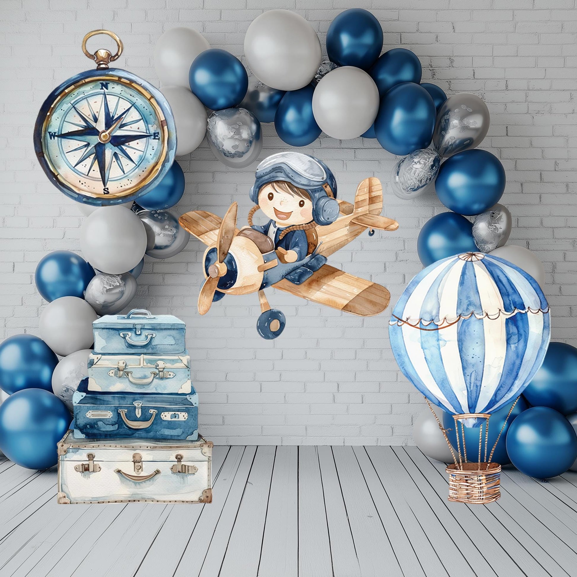 Blue Aviator Cutout, Time flies, Adventure Baby Shower, Watercolor Hot Air Balloon, Airplane Backdrop, Birthday Decor,Baby Boy,Centerpieces
