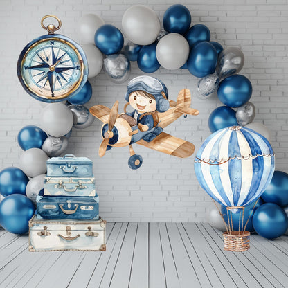 Blue Aviator Cutout, Time flies, Adventure Baby Shower, Watercolor Hot Air Balloon, Airplane Backdrop, Birthday Decor,Baby Boy,Centerpieces
