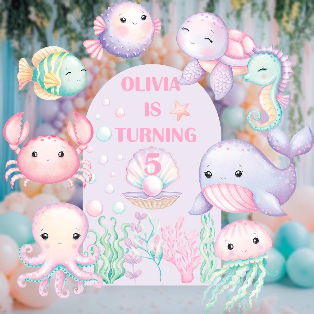 Pastel Sea Animals Cut Out Set, Under the Sea Party, Ocean Animals Props, Baby Shower, Signs, Watercolor Whale Backdrop, Underwater Party