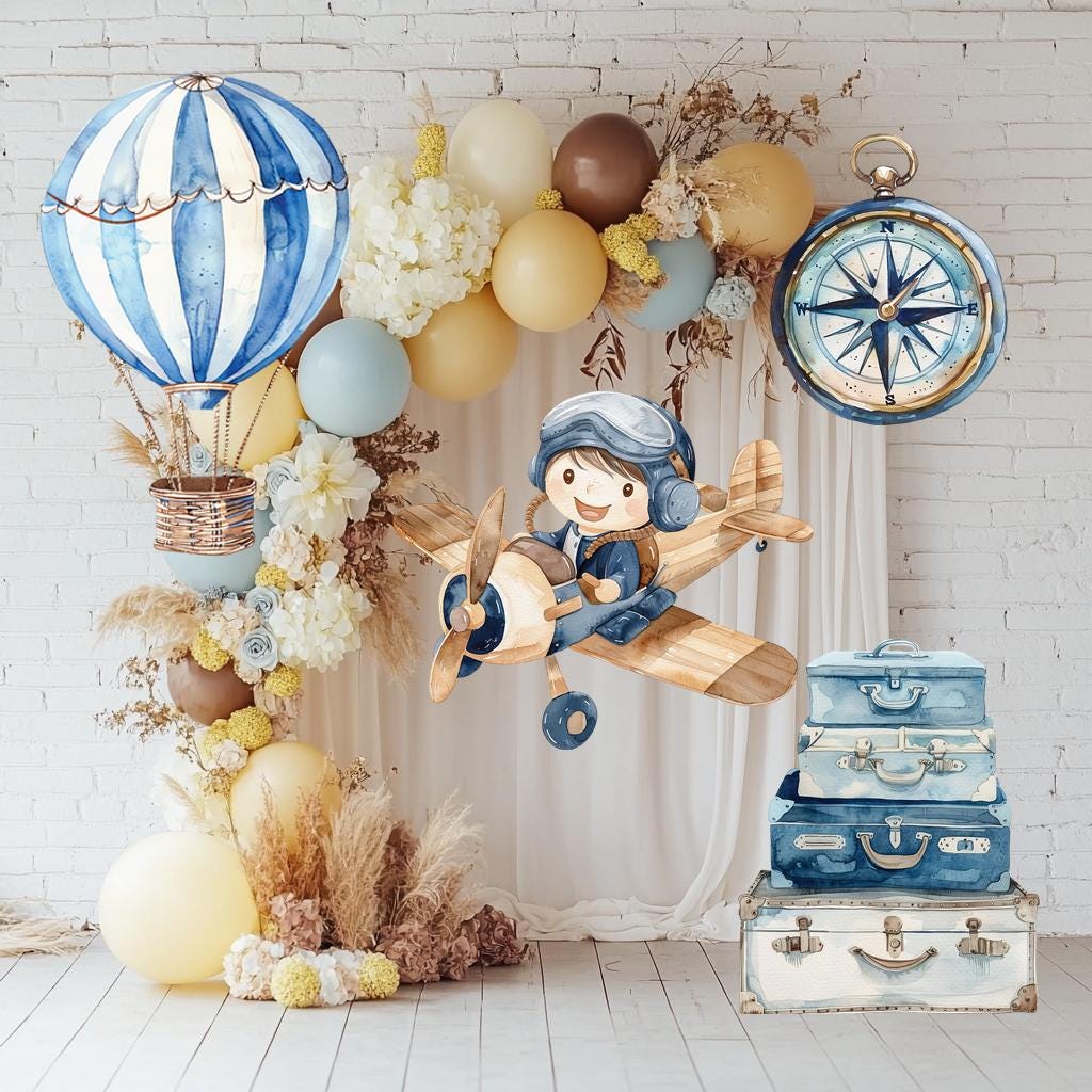 Blue Aviator Cutout, Time flies, Adventure Baby Shower, Watercolor Hot Air Balloon, Airplane Backdrop, Birthday Decor,Baby Boy,Centerpieces