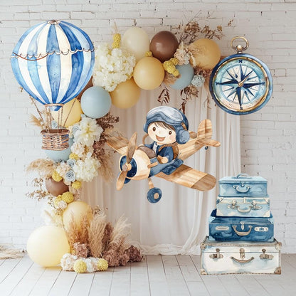 Blue Aviator Cutout, Time flies, Adventure Baby Shower, Watercolor Hot Air Balloon, Airplane Backdrop, Birthday Decor,Baby Boy,Centerpieces
