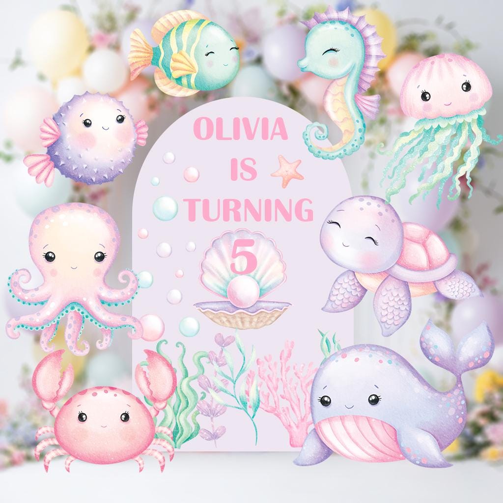 Pastel Sea Animals Cut Out Set, Under the Sea Party, Ocean Animals Props, Baby Shower, Signs, Watercolor Whale Backdrop, Underwater Party