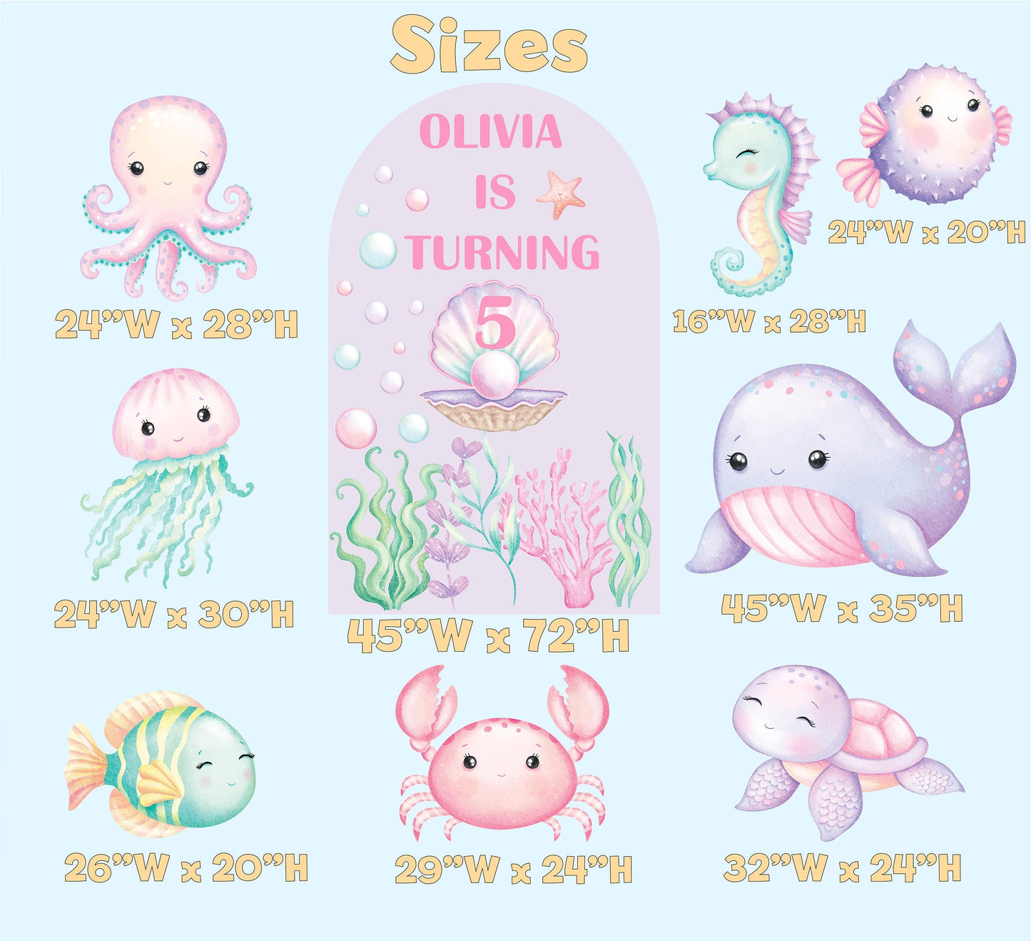 Pastel Sea Animals Cut Out Set, Under the Sea Party, Ocean Animals Props, Baby Shower, Signs, Watercolor Whale Backdrop, Underwater Party