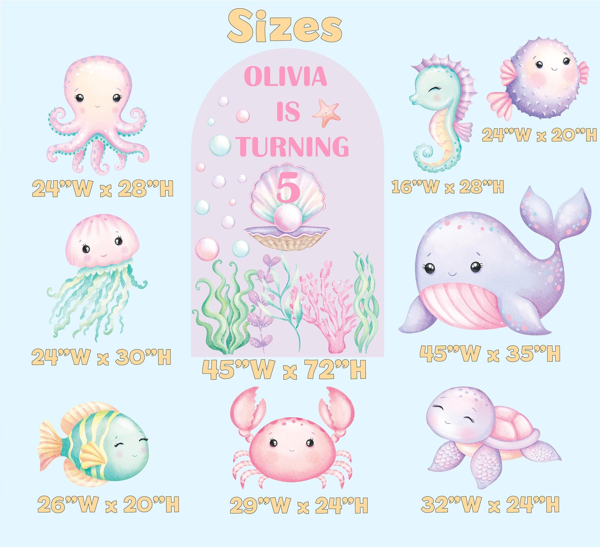 Pastel Sea Animals Cut Out Set, Under the Sea Party, Ocean Animals Props, Baby Shower, Signs, Watercolor Whale Backdrop, Underwater Party