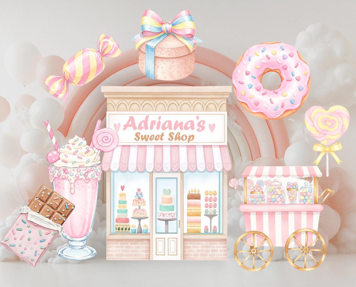 Candyland Cutouts Decor, Candy Shop Backdrop, Two Sweet Birthday, Ice Cream Baby Shower, Lollipop, Donuts, Candy Theme Decor, Sweet Store
