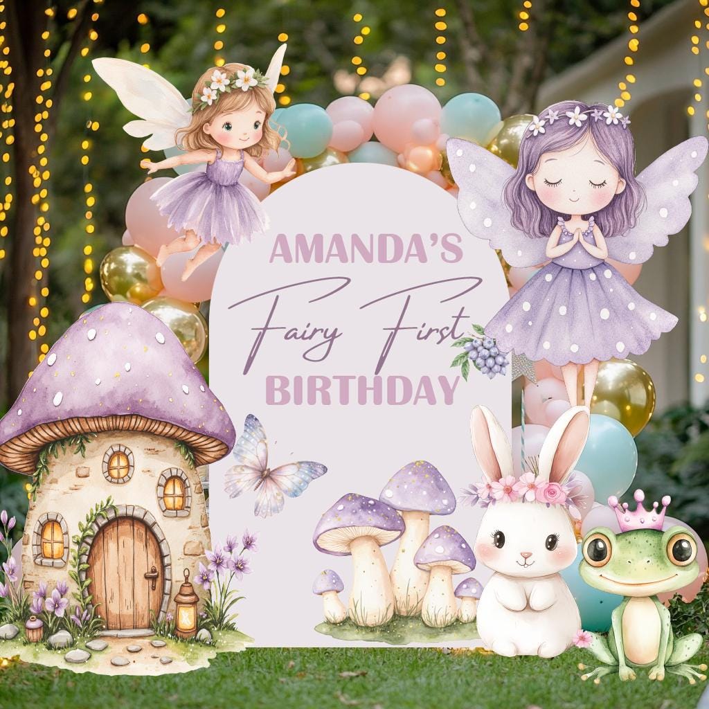 Purple Fairy First Birthday Cutout, Fairy Garden, Whimsical Fairy Baby Shower, Enchanted Fairy, Fairytale, Princess, Mushroom Backdrop