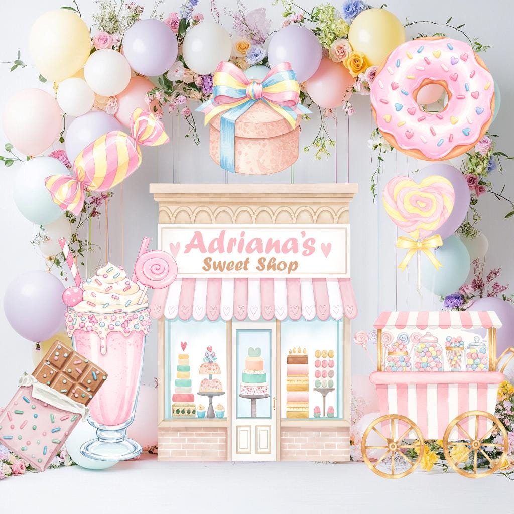 Candyland Cutouts Decor, Candy Shop Backdrop, Two Sweet Birthday, Ice Cream Baby Shower, Lollipop, Donuts, Candy Theme Decor, Sweet Store