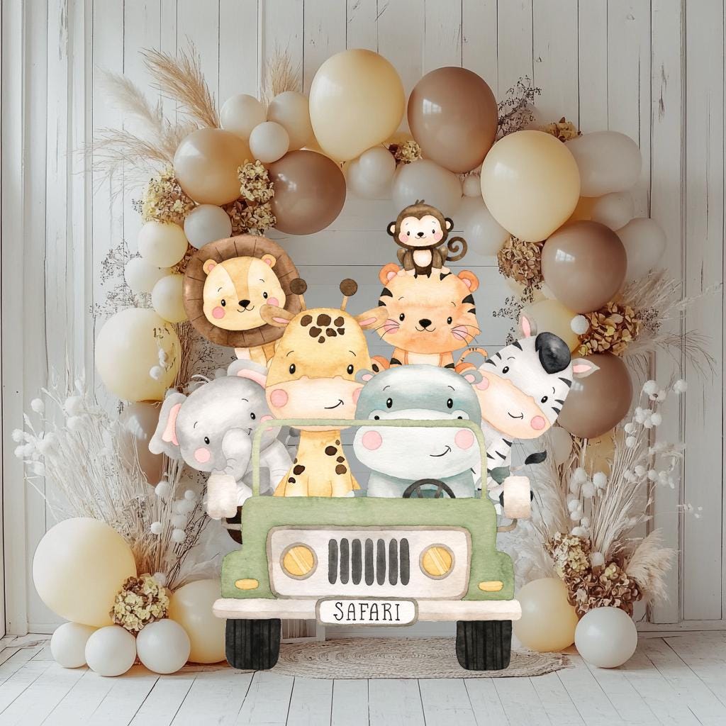 Safari Animals Truck Cutouts, Baby Shower, Safari Truck, Wild One, Birthday Decor, Backdrop, Safari Animal Party, Watercolor Centerpieces