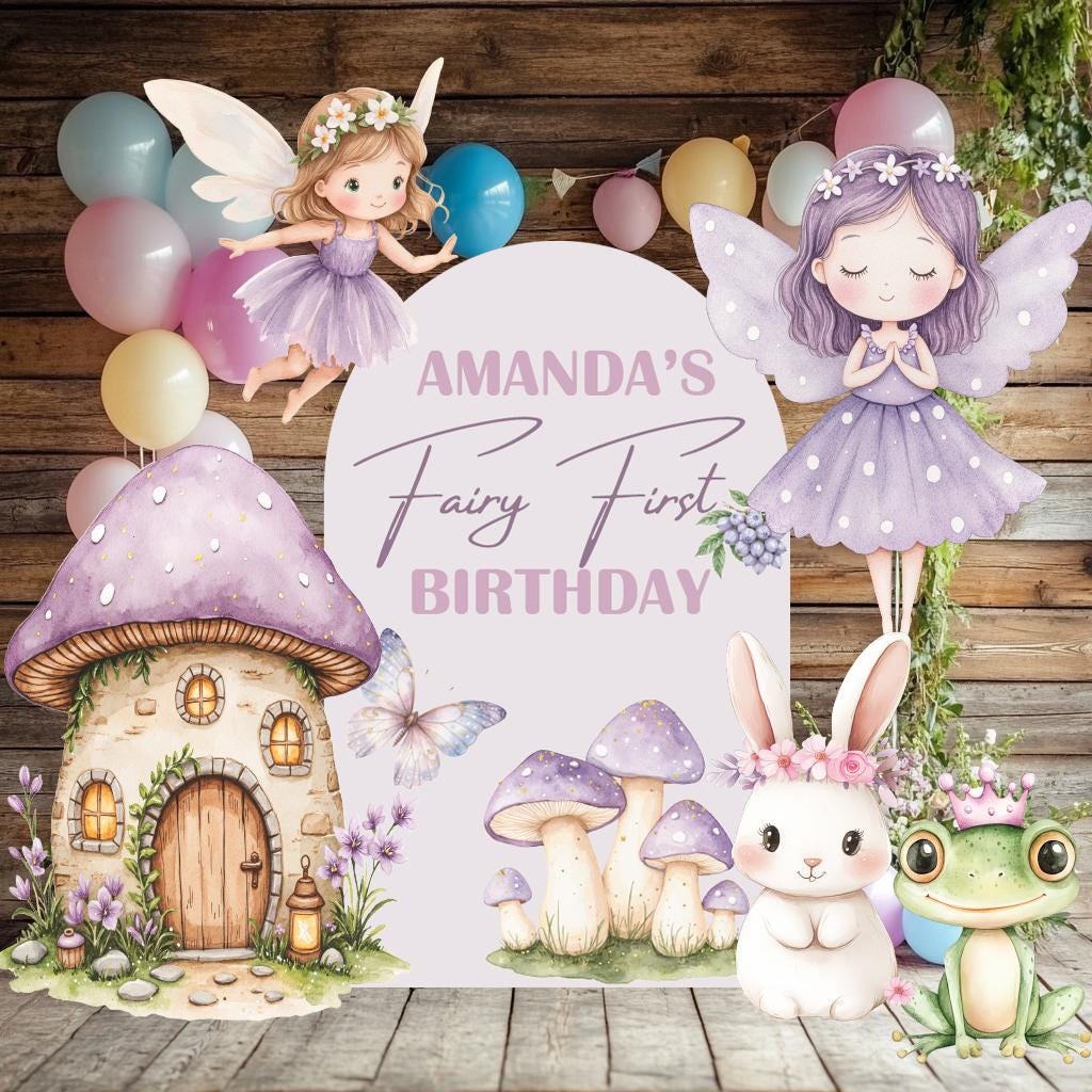 Purple Fairy First Birthday Cutout, Fairy Garden, Whimsical Fairy Baby Shower, Enchanted Fairy, Fairytale, Princess, Mushroom Backdrop