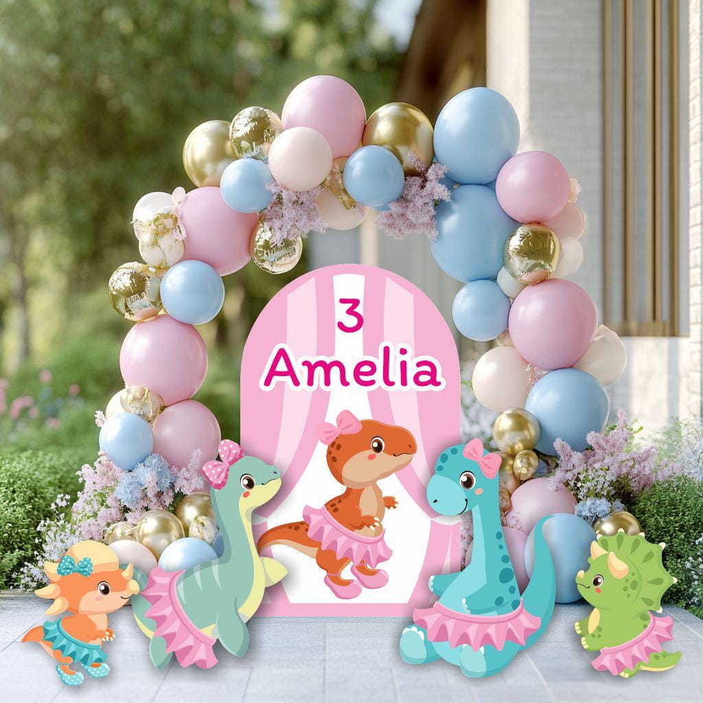 Dino Ballet Set Cutouts, Dinosaur Birthday Party, Yard Sign, Party Props, Dinosaur Baby Shower, Arch Backdrop, Pink Dino Theme Party Decor