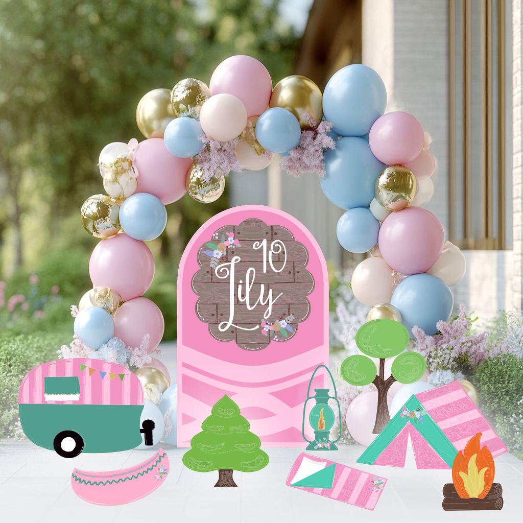 Pink Camp Themed Birthday Cutouts, Girls Camping Party Set, Pink Backdrop, Camper Birthday, Glamping Party, Girls Birthday Decoration, Props