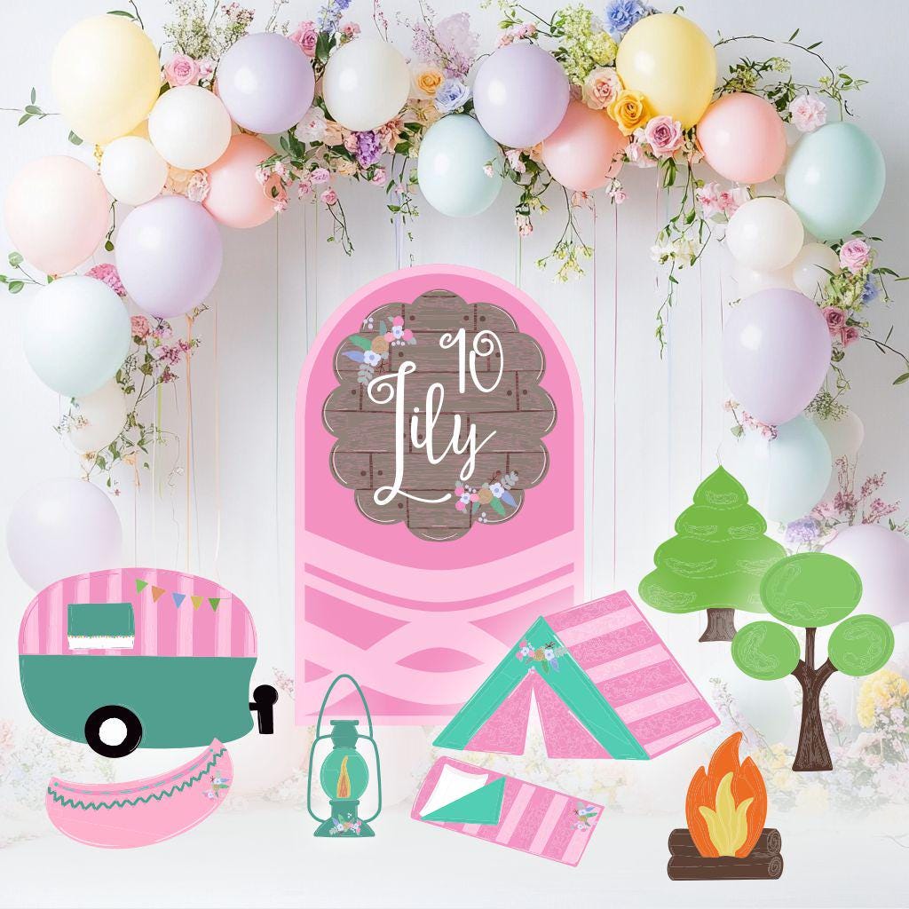 Pink Camp Themed Birthday Cutouts, Girls Camping Party Set, Pink Backdrop, Camper Birthday, Glamping Party, Girls Birthday Decoration, Props