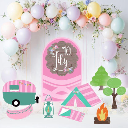 Pink Camp Themed Birthday Cutouts, Girls Camping Party Set, Pink Backdrop, Camper Birthday, Glamping Party, Girls Birthday Decoration, Props