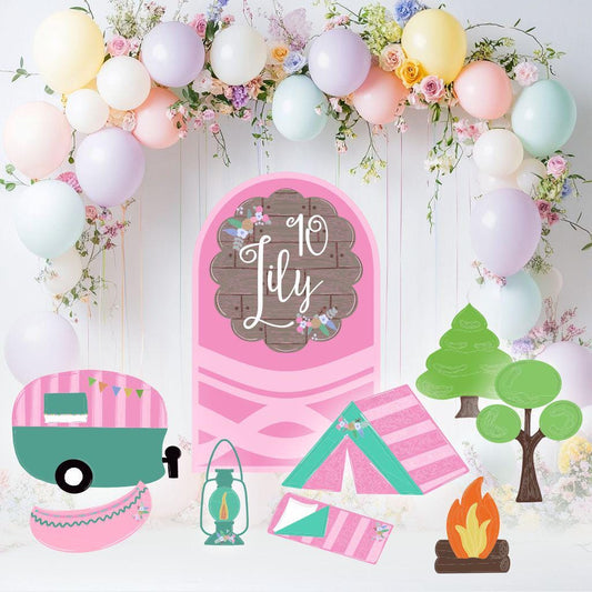 Pink Camp Themed Birthday Cutouts, Girls Camping Party Set, Pink Backdrop, Camper Birthday, Glamping Party, Girls Birthday Decoration, Props
