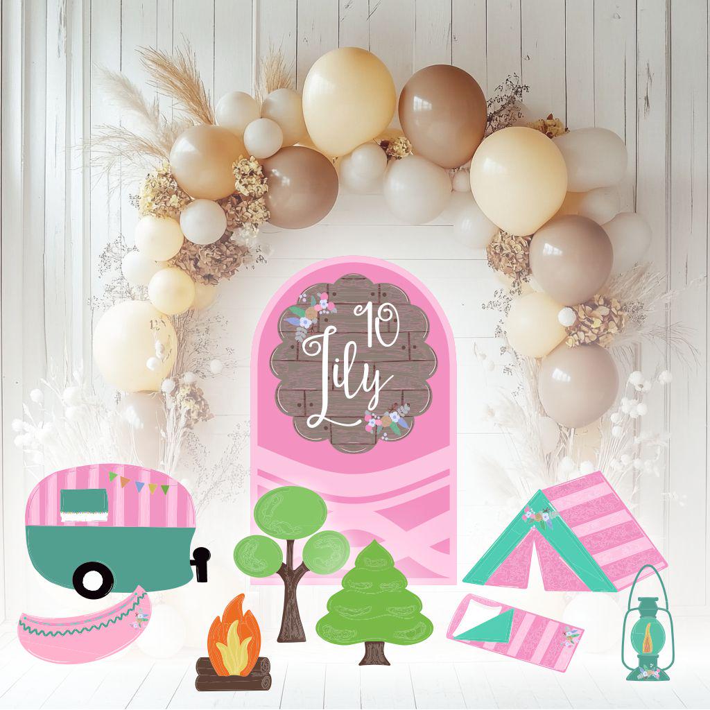 Pink Camp Themed Birthday Cutouts, Girls Camping Party Set, Pink Backdrop, Camper Birthday, Glamping Party, Girls Birthday Decoration, Props