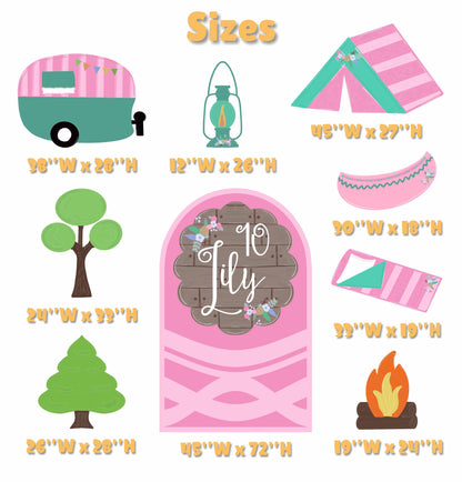 Pink Camp Themed Birthday Cutouts, Girls Camping Party Set, Pink Backdrop, Camper Birthday, Glamping Party, Girls Birthday Decoration, Props