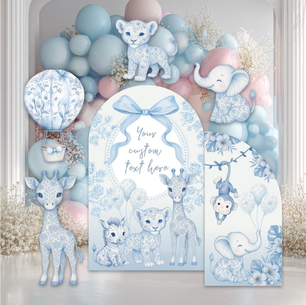 Blue Toile Safari Animals Cutouts, Chinoiserie Birthday Sign, Toile de Jouy Backdrop, Blue Safari Toile Baby Shower Decor, Hot Air Balloon