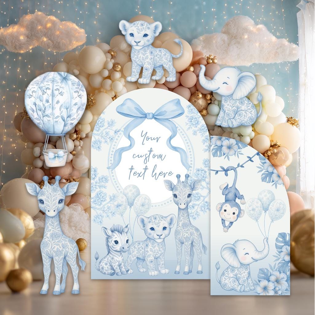 Blue Toile Safari Animals Cutouts, Chinoiserie Birthday Sign, Toile de Jouy Backdrop, Blue Safari Toile Baby Shower Decor, Hot Air Balloon