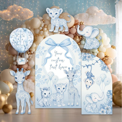 Blue Toile Safari Animals Cutouts, Chinoiserie Birthday Sign, Toile de Jouy Backdrop, Blue Safari Toile Baby Shower Decor, Hot Air Balloon