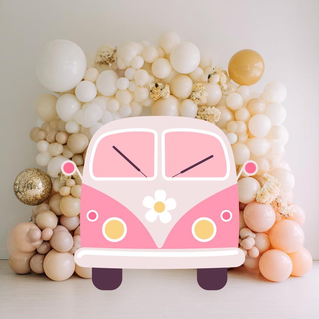 Hippie Pink Bus Cutout, Retro Bus, Groovy Birthday, Two Groovy, Groovy One, Party Props, Daisy Baby Shower, Flower Power, Hippie Van Prop