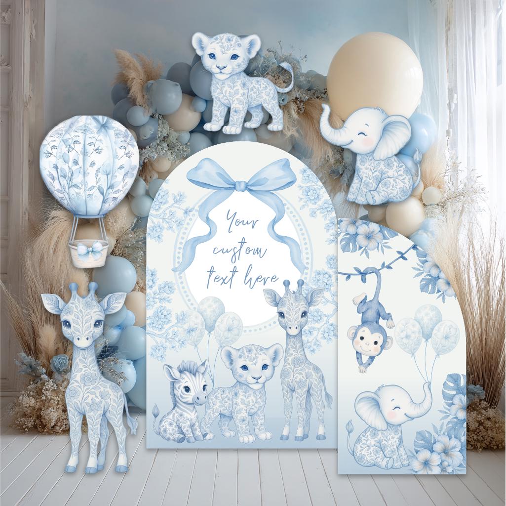 Blue Toile Safari Animals Cutouts, Chinoiserie Birthday Sign, Toile de Jouy Backdrop, Blue Safari Toile Baby Shower Decor, Hot Air Balloon
