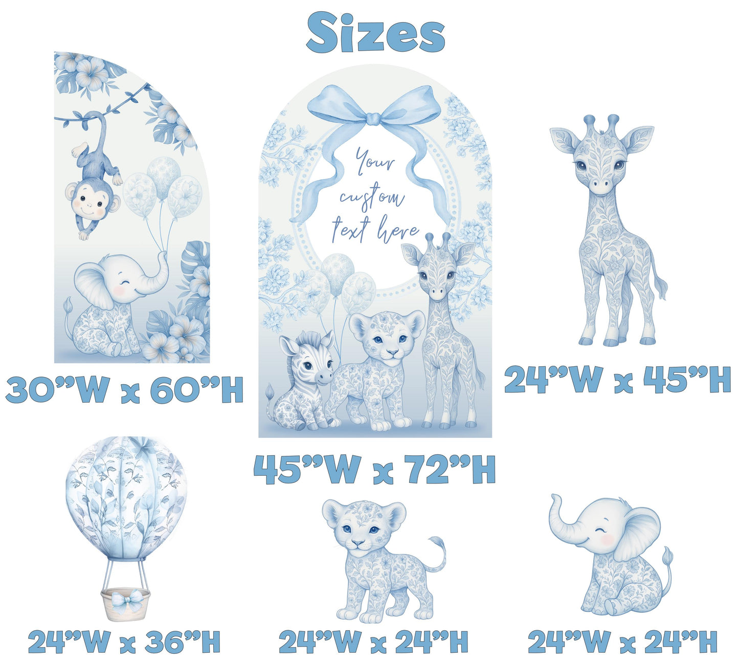 Blue Toile Safari Animals Cutouts, Chinoiserie Birthday Sign, Toile de Jouy Backdrop, Blue Safari Toile Baby Shower Decor, Hot Air Balloon