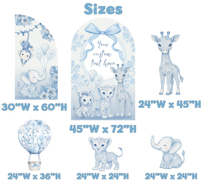 Blue Toile Safari Animals Cutouts, Chinoiserie Birthday Sign, Toile de Jouy Backdrop, Blue Safari Toile Baby Shower Decor, Hot Air Balloon