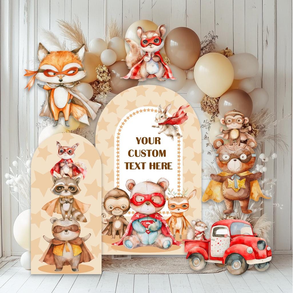 Cute Superhero Woodland Animals Cutout, Baby Shower, Bear, Fox, Deer, Boys Birthday Decoration, Baby Boy, Party Props, Boho Animals Party