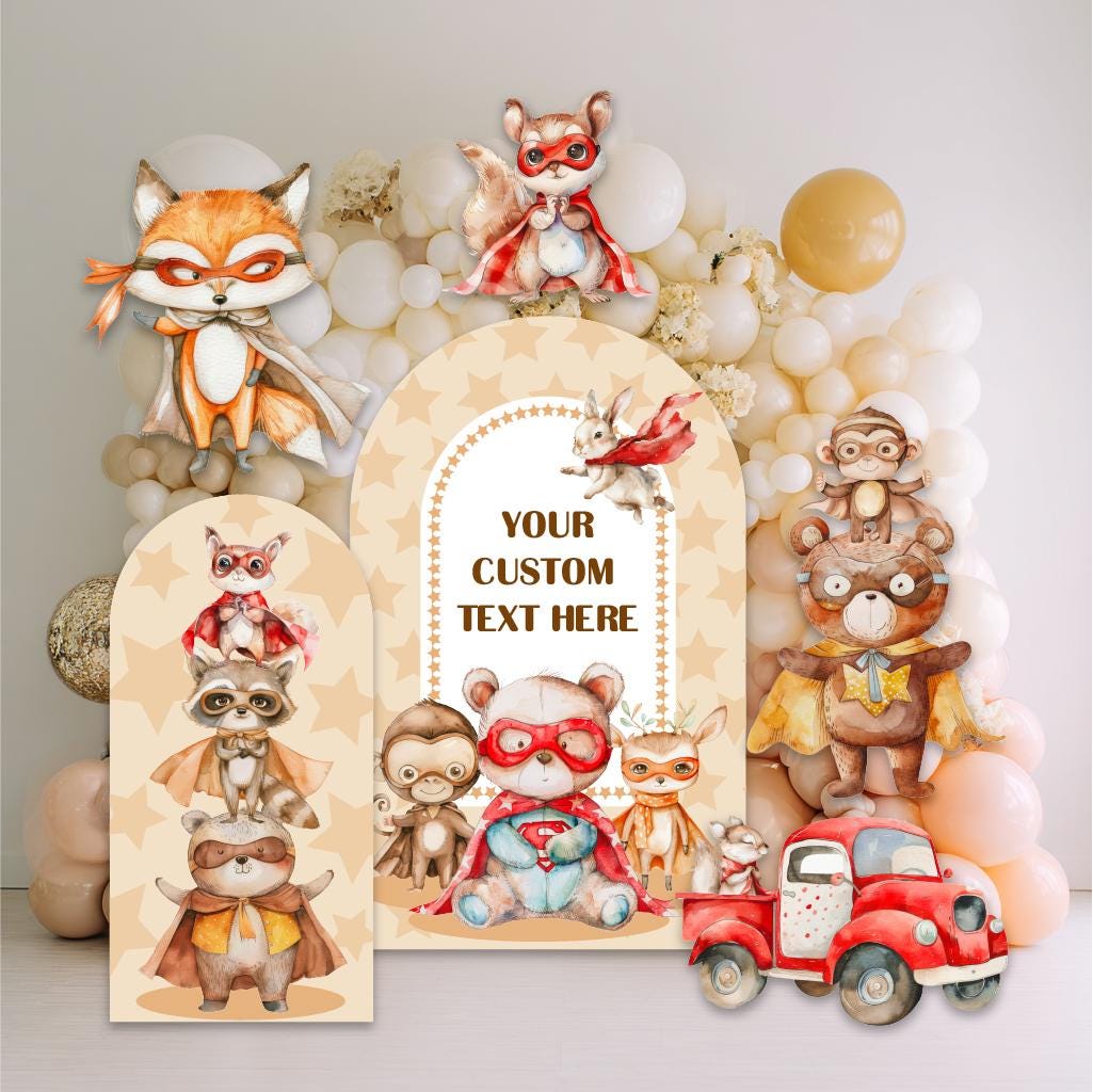 Cute Superhero Woodland Animals Cutout, Baby Shower, Bear, Fox, Deer, Boys Birthday Decoration, Baby Boy, Party Props, Boho Animals Party