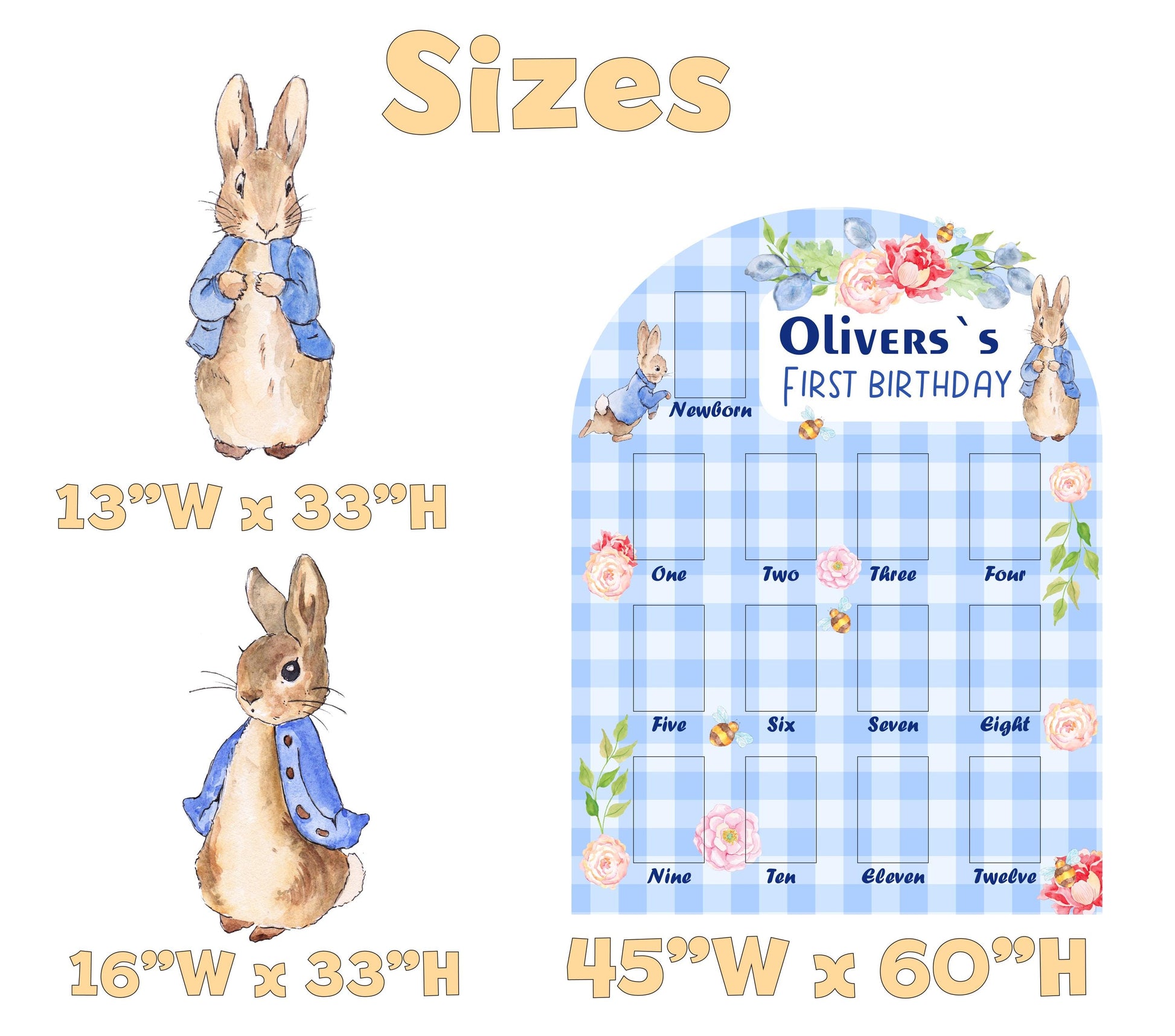 Personalized Blue Peter Rabbit Photo Board, Milestone, Boys First Birthday, First Year Photo Board, Blue Baby Boy, Standee, Party Props