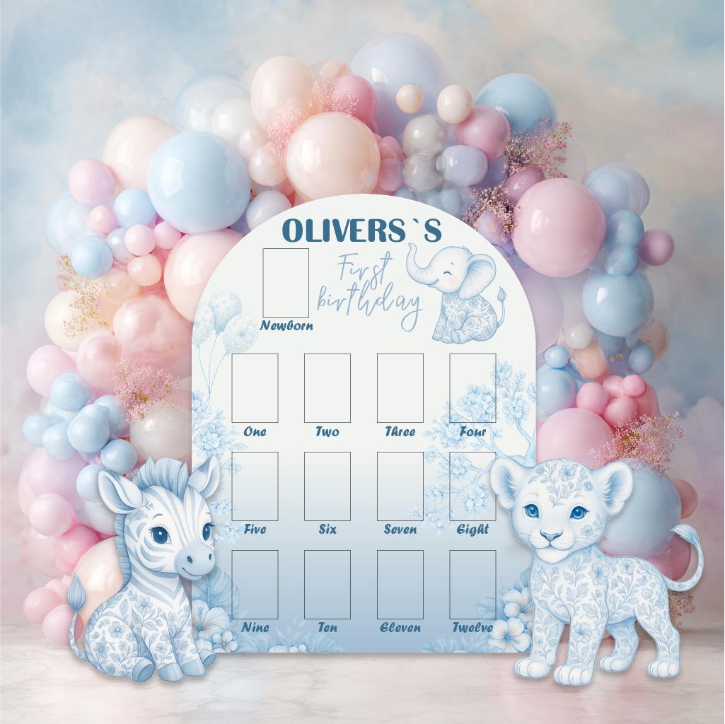 Personalized Blue Toile Safari Animals Cutout, Milestone, Boys First Birthday, First Year Photo Board, Safari Toile de Jouy, Chinoiserie