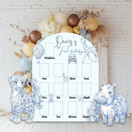 Personalized Blue Toile Safari Animals Cutouts, Milestone, Boys First Birthday, First Year Photo Board, Safari Toile de Jouy, Chinoiserie