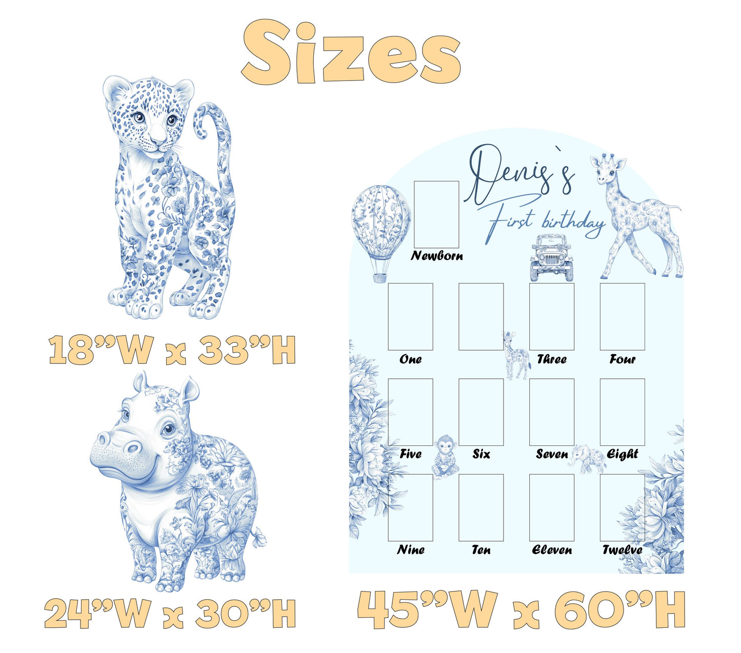 Personalized Blue Toile Safari Animals Cutouts, Milestone, Boys First Birthday, First Year Photo Board, Safari Toile de Jouy, Chinoiserie