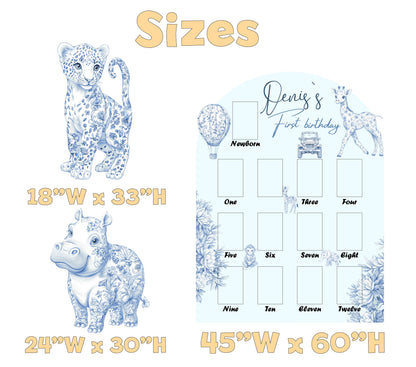 Personalized Blue Toile Safari Animals Cutouts, Milestone, Boys First Birthday, First Year Photo Board, Safari Toile de Jouy, Chinoiserie